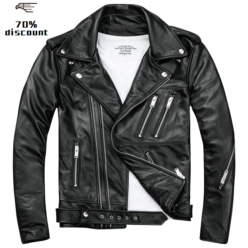 2020 Черная Мужская Байкерская кожаная куртка с двойной Диагональной молнией из