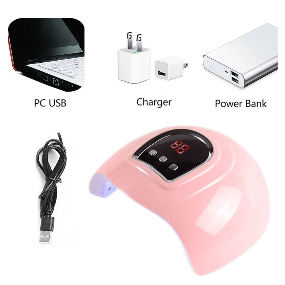 

LED Nail Lamp 54W Gel UV Dryer Curing Light USB Polish with LCD Digital Display Timing Nail Tools for Fingernail Toenail Pink