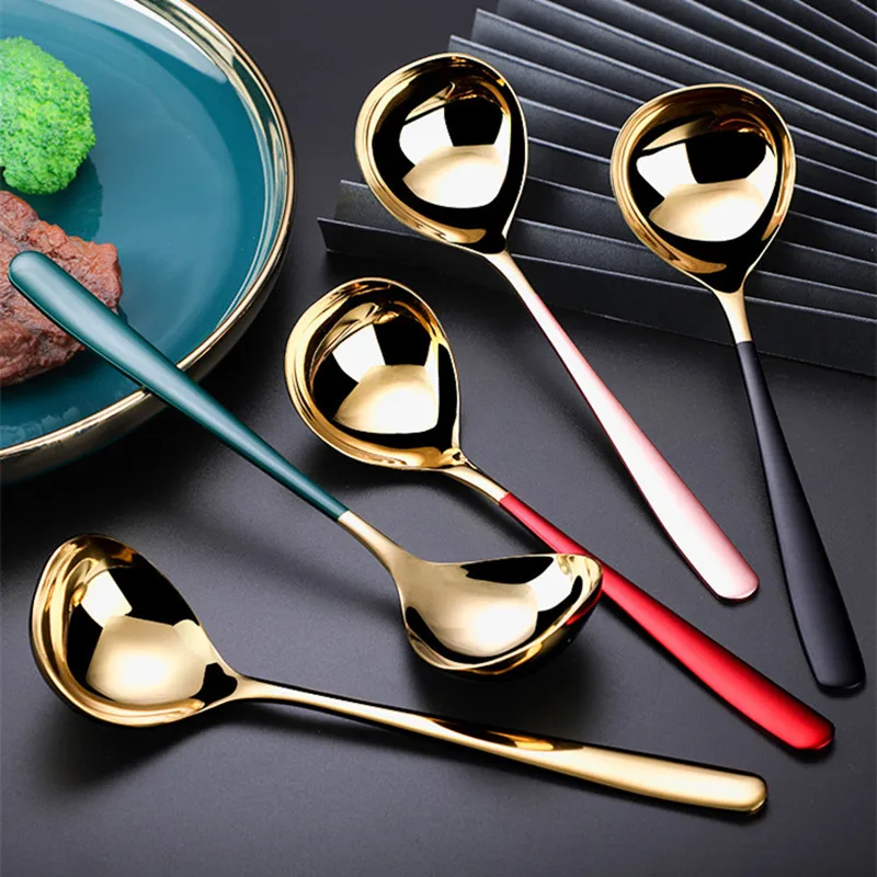 

304 Stainless Steel Soup Spoon Ladle with Long Handle Deepened Big Round Head Ramen Spoons Scoop Tableware Kitchen Utensils