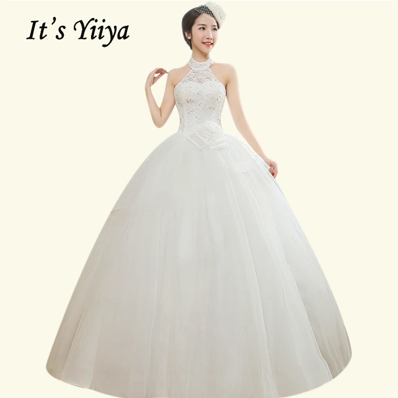 

Wedding Dresses Plus Size It's Yiiya BR719 Applqiues Sequined Wedding Gowns Elegant Halter Sleeveless Lace Vestidos De Novia