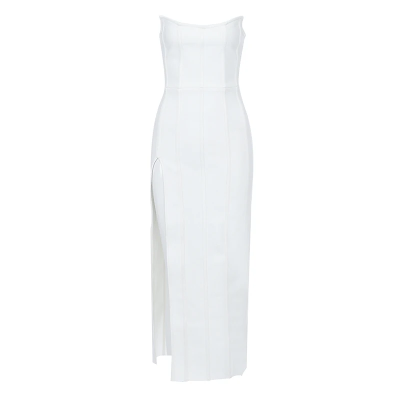 

Beateen 2019 New Fashion Strapless Sexy Women Sleeveless Gight Waist Split Elegant Party Midi Dress White