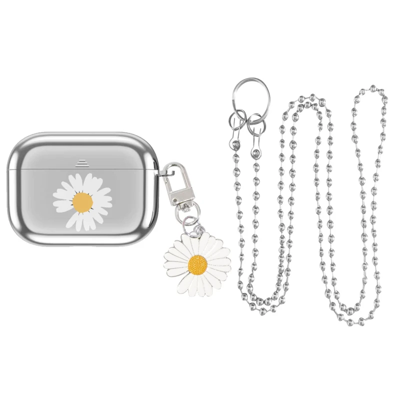 

For Airpods Case Luxury Electroplate Cute Daisy Flower Earphone Case Simple Protective Cover for Airpods 2 Pro with Keychain