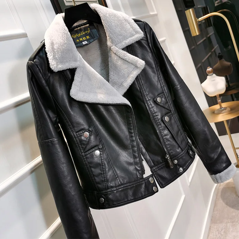 

2023 New Autumn Winter Women's Thick Slim Motorcycle Jackets Female Turndown Collar Long Sleeve Solid Pu Leather Jacket