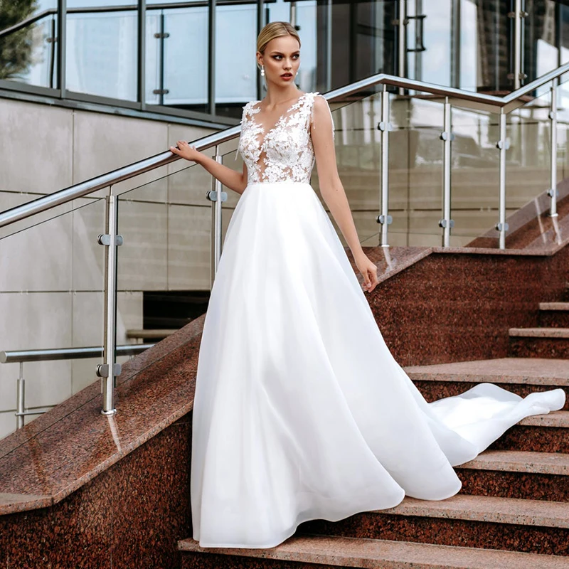 

vestido de novia Boho Wedding Dress Organza Beads Lace Wedding Dresses Simple Boho Button llusion Back Beach Bridal Gowns