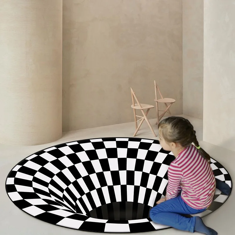 

3d-ковер в черно-белую клетку, визуальный круглый ковер в гостиную, Вихревой 3D абстрактный напольный коврик с геометрическим рисунком, напольный ковер