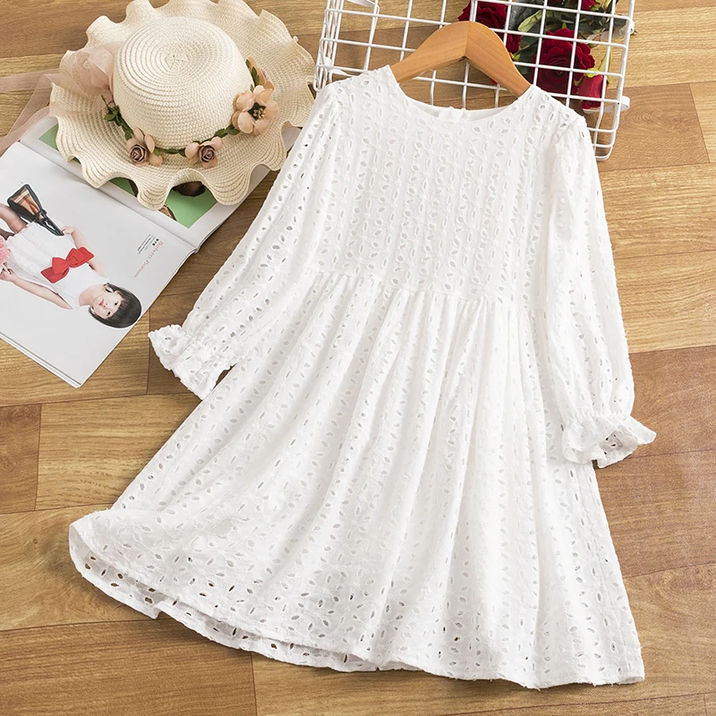 

O-Neck White Dress Children Fashion Princess Party Dress 3 4 5 6 7 8 Years Girls Dress Long Sleeve Children Clothing Dress