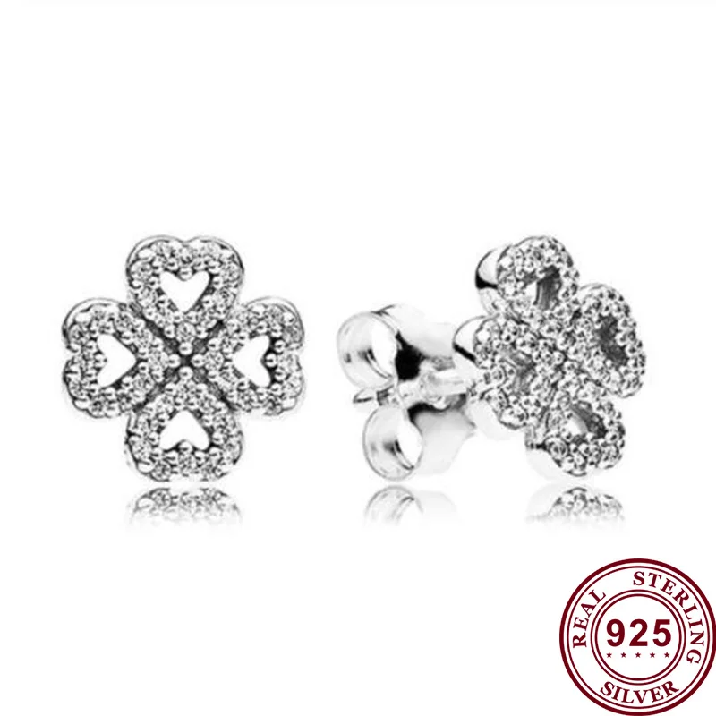 

100% 925 серьги Silver Pan Earrings Shining Lucky Clover With Crystal Pan Earrings For Women Wedding Gift Fashion Jewelry