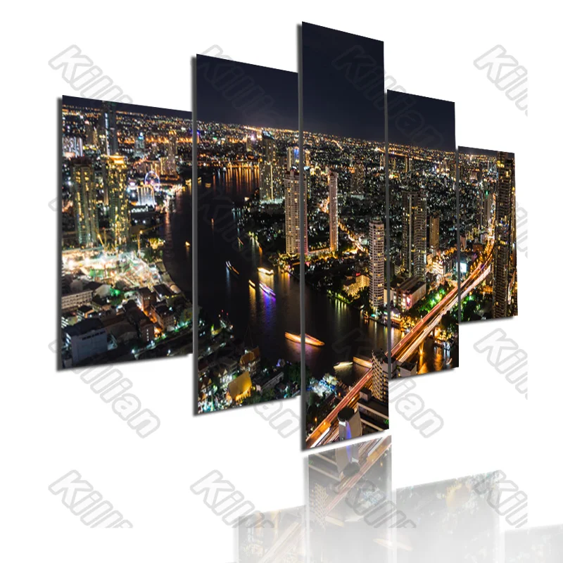 

Modern Style Mural Canvas Paintings Modular Bed Home Decor Prints 5 Pieces City Night View Decoration Living Room Wall Fresco