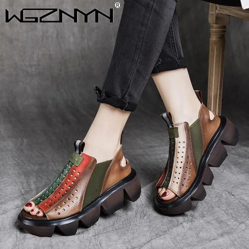 

Fashion Retro Genuine PU Leather Shoes Women Sandals Mixed Colors Elastic Band Wedges 2021 New Sewing Handmade Ladies Sandals