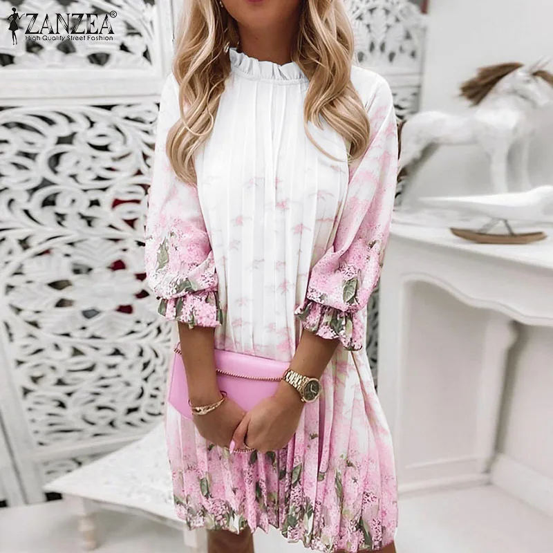

Bohemian Printed Pleated Sundress Women Casual 3/4 Puff Sleeve Dress ZANZEA Elegant Ruffle Floral Vestidos Holiday Party Kaftan
