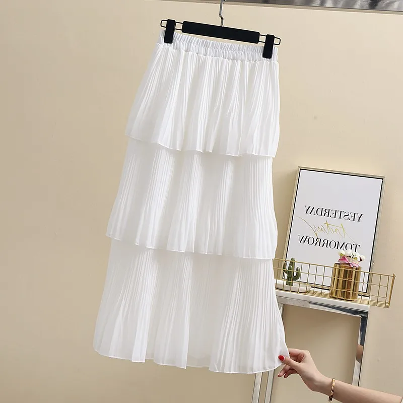 Весенне летняя однотонная белая черная многослойная шифоновая юбка Cakee Милая
