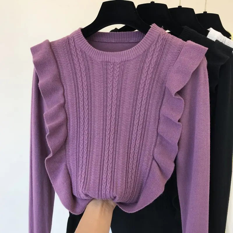 purple Neploe/осень, новая Корейская Милая зимняя одежда, Вязанный свитер с рукавами-колокольчиками и рюшами, тонкий, Pull Femme Hiver 46371 - Цвет: purple