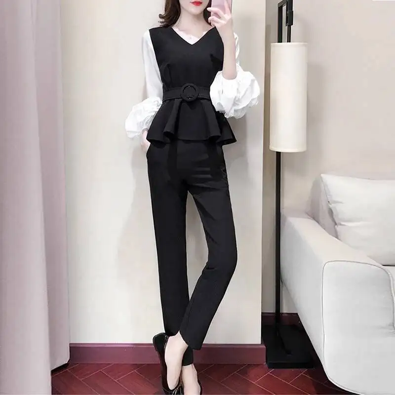 Женский брючный костюм повседневный офисный из двух предметов блейзер с пышными