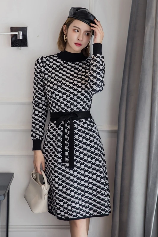 

Mid-length sweater long female houndstooth knitted bottoming shirt
