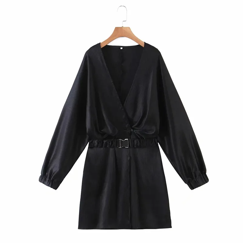 

Merodi Sprint Autumn Fashion Lady Elastic High Waist With Belt Za Chiffon Black Mini Dressese Women Casual V-Neck Soft Dress