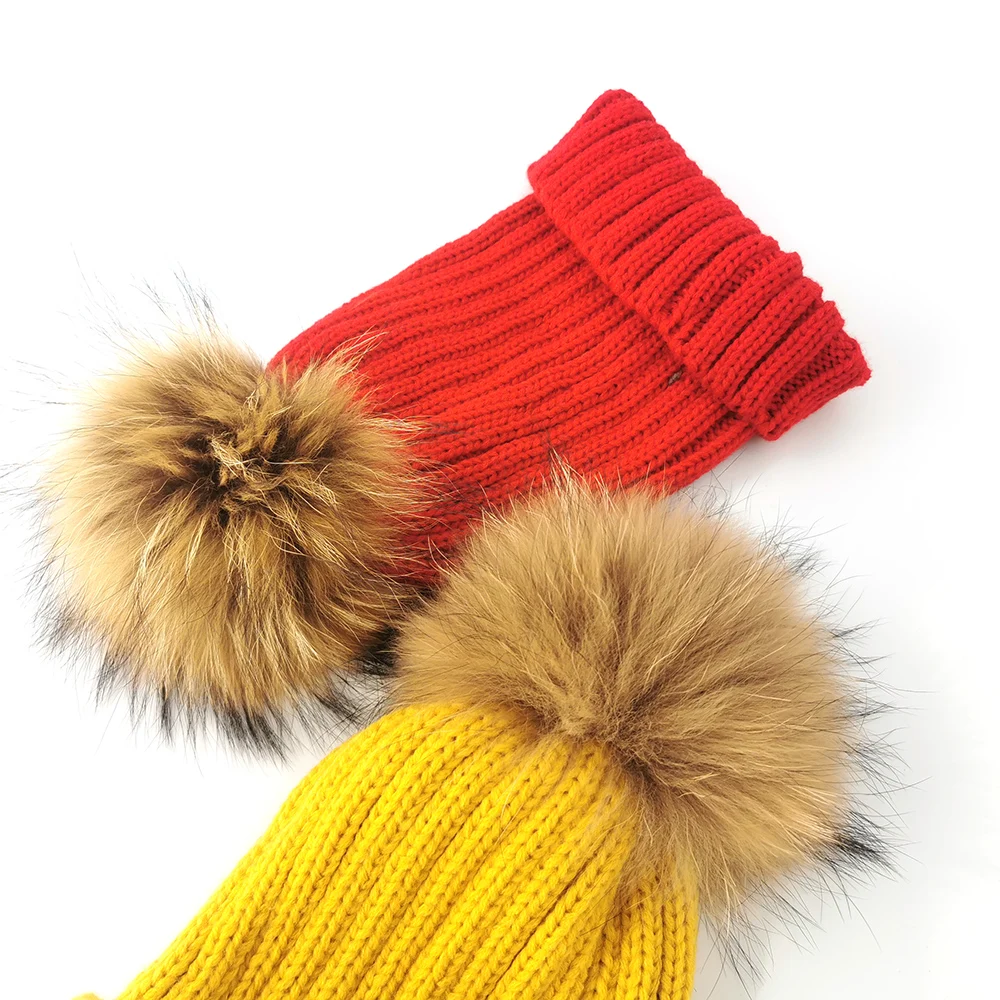 Winter Beanie Hat Knitting Detachable Pom Pom Real Raccoon Fur Ball Top Custom Designer Beanies Caps