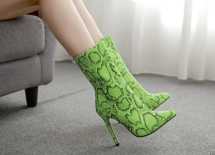 Meilikelin2020 Women High Heels Boots Fetish Stripper Green Serpentine Zip Stiletto Ankle Autumn Snake Print Shoes | Обувь