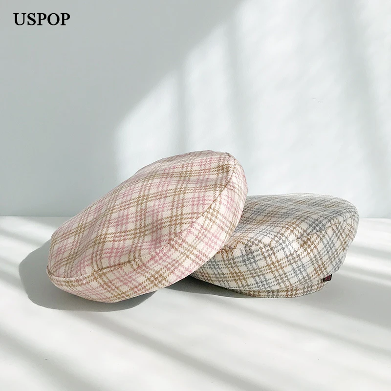 Женский шерстяной берет в клетку с плоским верхом | Аксессуары для одежды