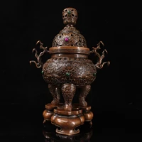 12 tibet buddhism old bronze gem three foot incense burner lotus pattern ganoderma handle three tiered incense burner enshrine