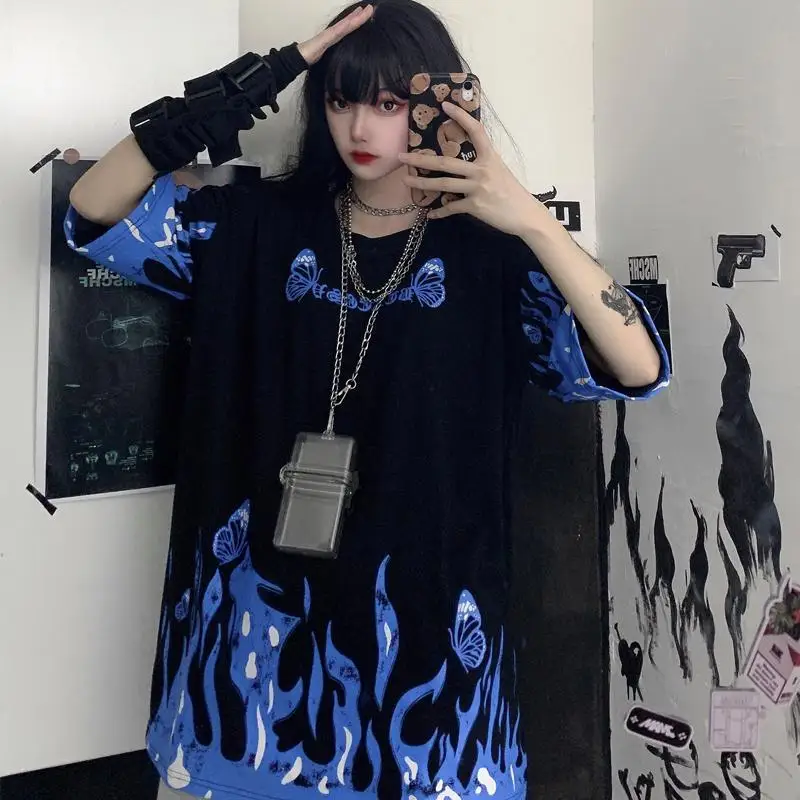 

Cartoon Oversized T Shirt Streetwear Fashion Hip Hop Fire Print T-Shirt Harajuku Korean Women Black Couple Punk Kawaii T Shirts