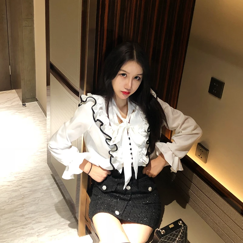 

Korean Fashion Clothing White Ruffles Shirts Autumn Style Woman V-neck Flare Sleeve Slim Fit Tops Vestidos Femininos New