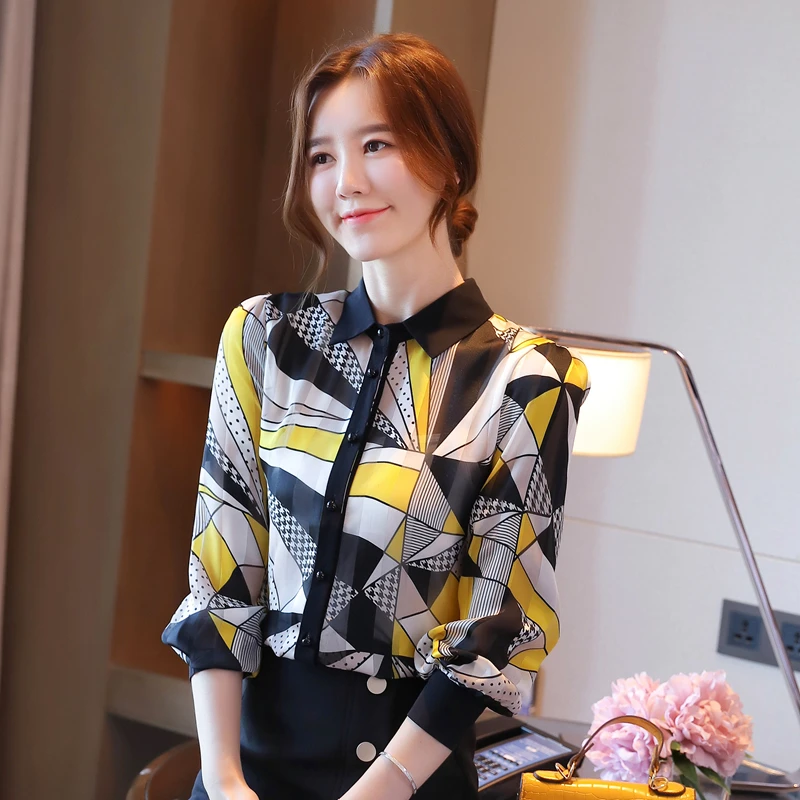 

Chiffon Women's Blouse Print Polo Shirt Fashion New Korean Loose Casual Plus Size Blusas Summer Long Sleeve Top Houthion