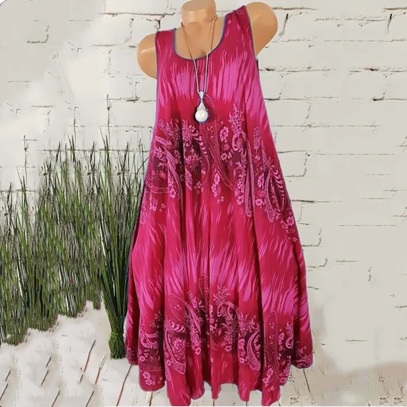 

Fashion Elegant Summer Sleeveless Floral Printed Women Draped Dress 5XL Plus Size Bohemain Femme Dress Casual Loose Beach Dress