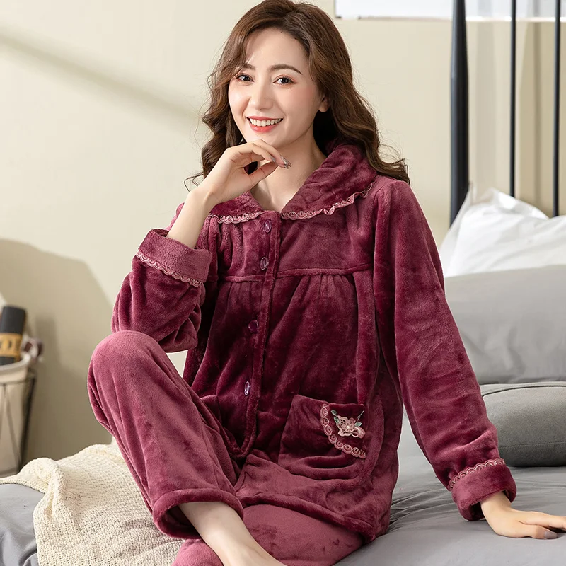 

Large Size Winter Lovers Pajamas Set Thick Flannel Soft Couple Sleepwear Long Sleeve Men & Women Nightgown Home Clothing M-3XL