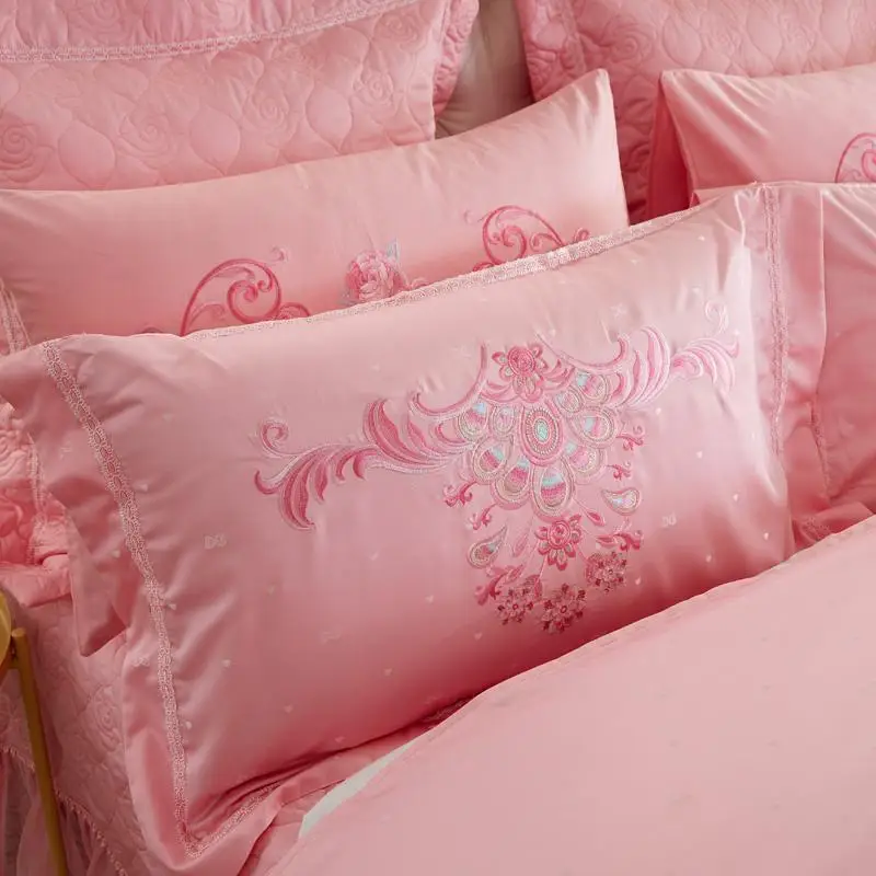

New Luxury Silk Cotton Jacquard Lace Wedding Bedding Set Embroidery Lace Duvet cover set Bed Sheet Queen King size 4/6/8/9pcs
