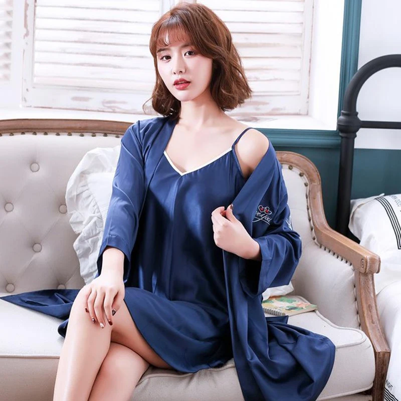 Комплект женского нижнего белья из 2 предметов Атласный халат-кимоно с длинным