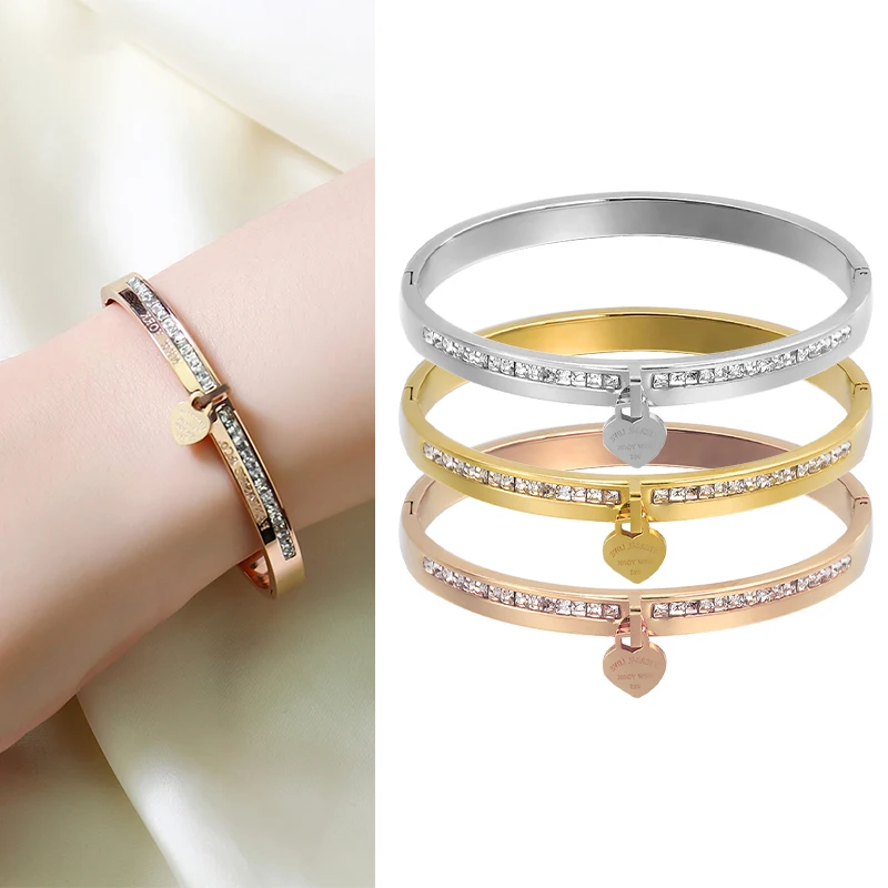 

Gold Plating Bracelets&Bangles for Women CZ Heart Letter Engraved Cuff Wristband Luxury Engagement Wedding Party Jewelry Gift