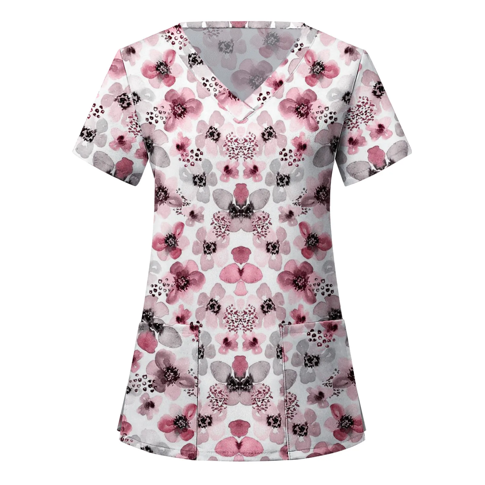 

8 Styles Floral Printed Nurse Tops Scrubs Women Short Sleeve V-neck Uniform Pet Grooming Carer Workwear Pockets Blouse Shirt