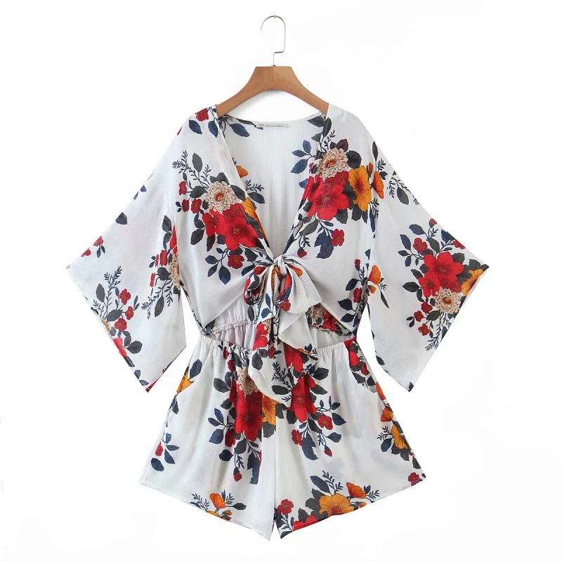 

Vogue Casual Woman Loose V Neck Sashes Short Chiffon Rompers Tide Summer Fashion Ladies Printed Rompers Female Vacation Rompers