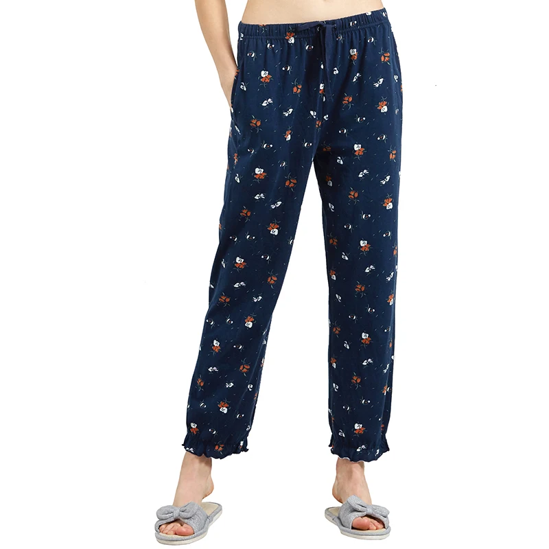 Navy floral THREEGUN женские Пижамные шорты, укороченные штаны полной длины, кружевные Хлопковые женские штаны для сна, свободные штаны с эластичной резинкой на талии, домашние штаны, партия - Цвет: Navy floral