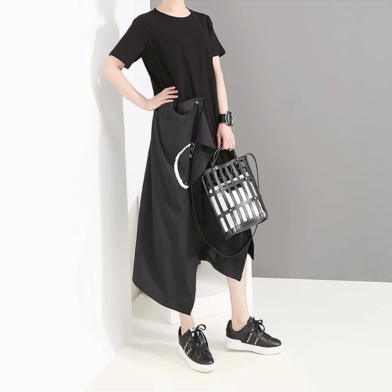 Новинка 2019 корейский стиль женская летняя черная футболка платье с коротким