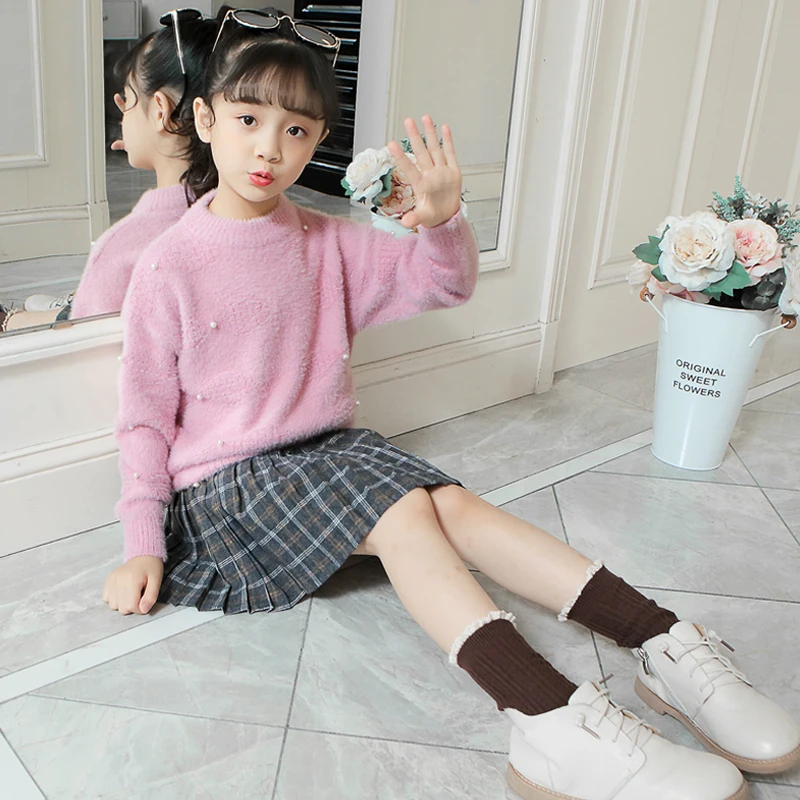 Пуловер для девочек свитер зимние топы осенний 2019 детей вязаный с имитацией