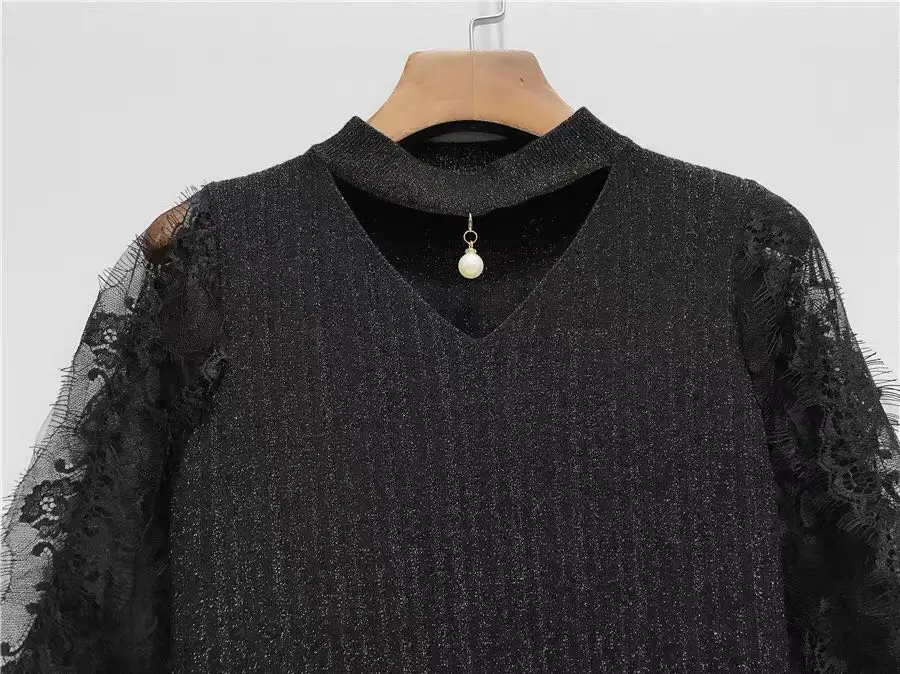 ALPHALMODA Новая мода кружевной фонарь рукав яркий Шелковый вязаный обтягивающий свитер изящный женский милый кружевной свитер Мода Outfi