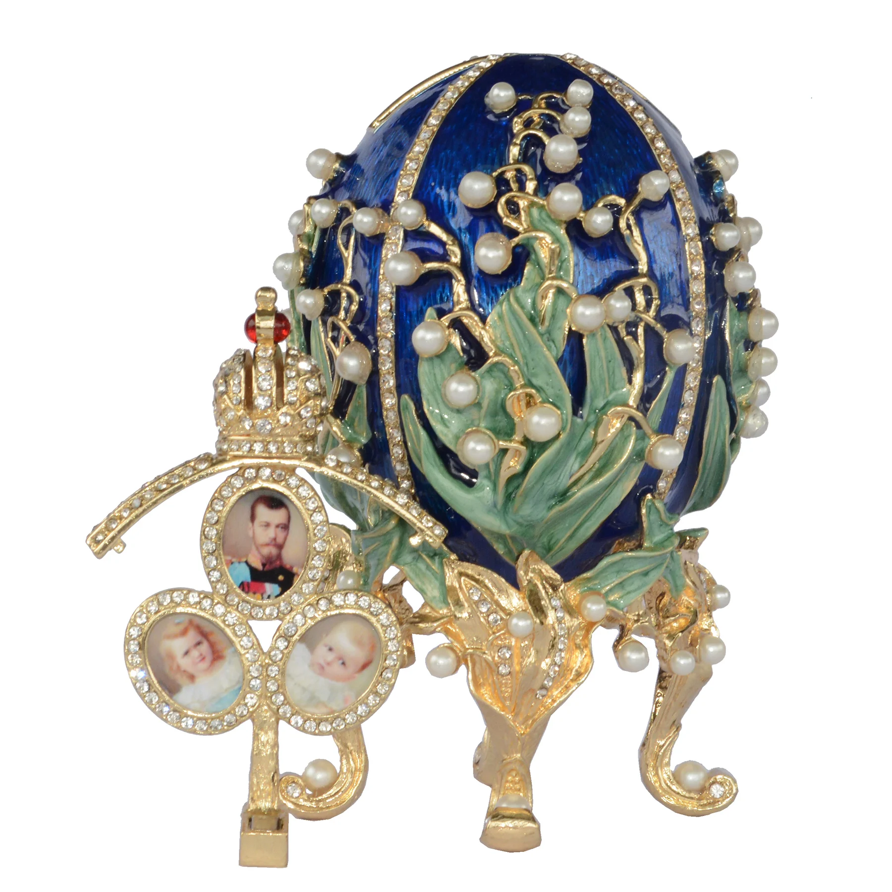 

Lily of the Valley Imperial Russian Big Egg Enameled Jewelry Trinket Box with mini photo frames Figurine Collectible gifts