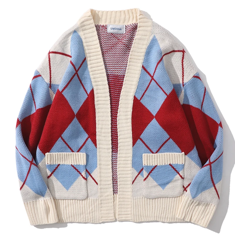 

HK Style Retro Argyle Cardigan Couple Color Matching V-Neck Lazy Loose Knit Sweater Mens Daily Big Pocket Sweater Fall Top Coat