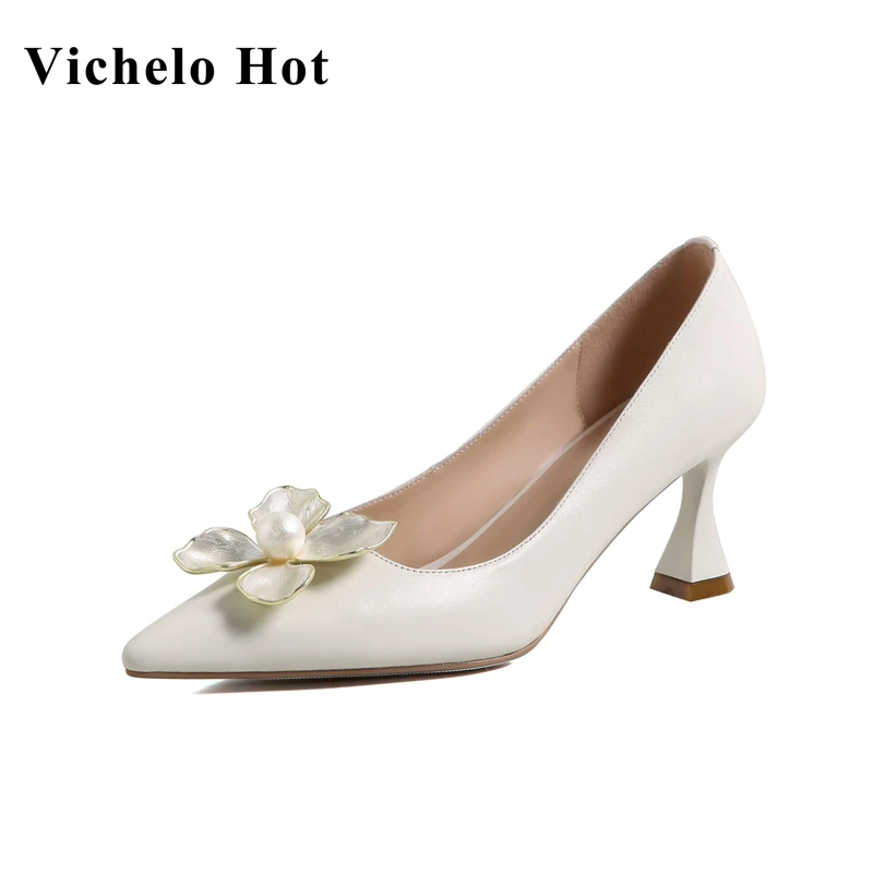 

Vichelo Hot genuine leather pointed toe shallow strange style flowers pearl beauty lady European style slip on women pumps L31
