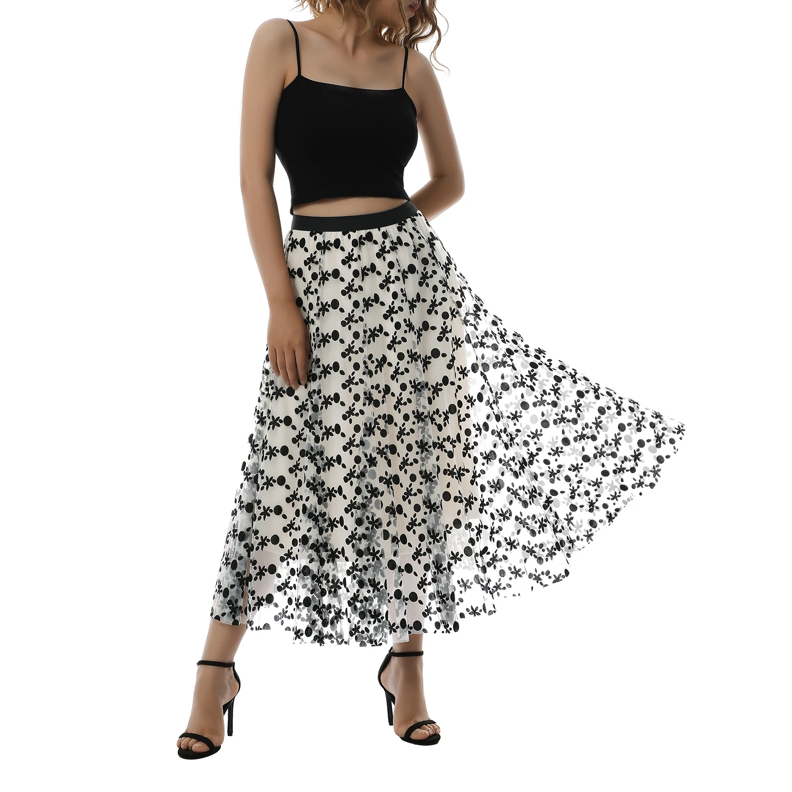 

Women\u2019s Elegant A-line Tutu Skirt Fashion Flocked Floral Mesh Yarn Multi-layer Mid-length Skirt