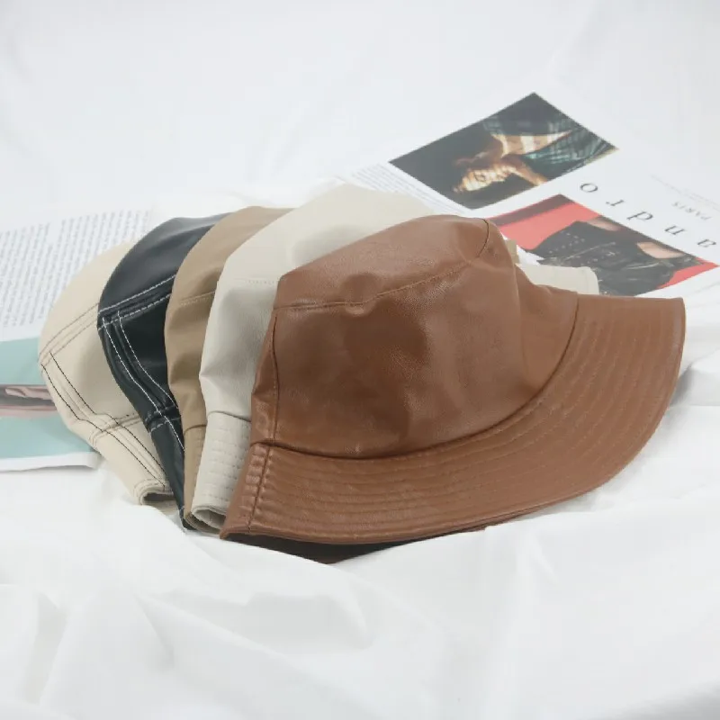 

Bucket Hat Women Solid Beige Khaki Black Leather Casual Women's Hats Wide Brim Fishing Outdoor Flat New Women Bucket Hats Gorras