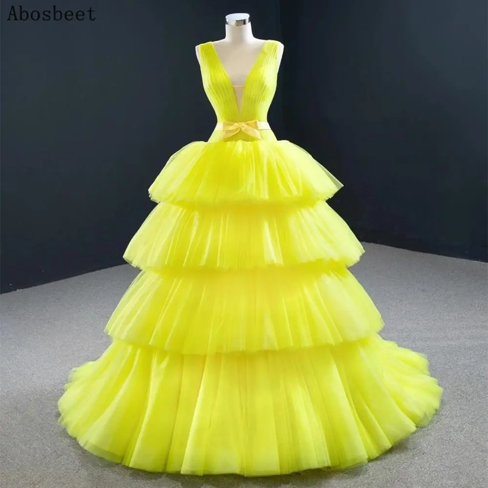 

Yellow Tiered Puffy Gown Evening Dress Long Deep V Neck Small Train Elegant Long Women Prom Party Wear Lace Up Satin Bow Belt