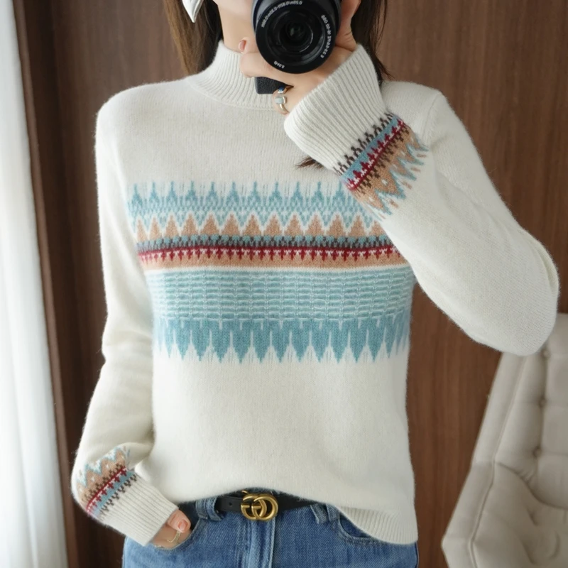 

100% Cashmere and Wool Sweater Women's Half High Neck Pullover Korean Fashion Jacquard Knitted Tops Female Jacket Autumn /Winter