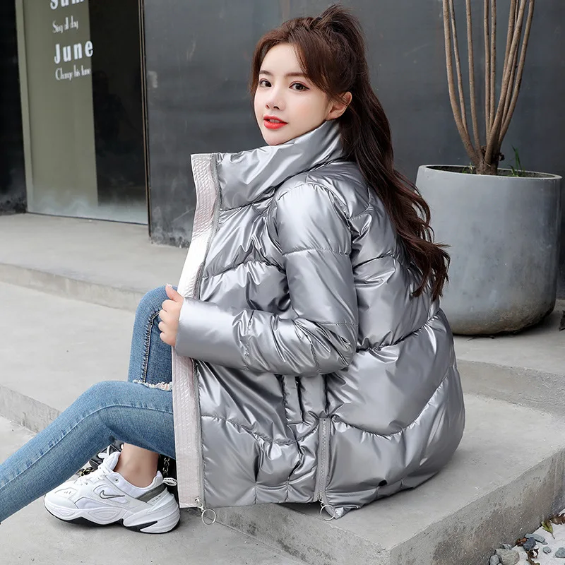 

Women Winter Jackets Parka Fashion Streetwear Thick Bread Coat Long Sleeve Glossy Down Jacket Keep Warm Stand Neck Slim Clothing