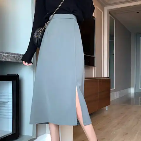 Women's Long Skirt Vintage Elastic High Waist Solid Skirt Female Straight Side Split A Line Pencil Temperament Skirts Autumn