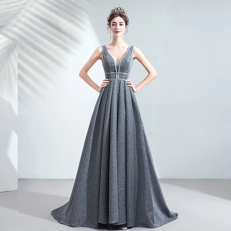 SSYFashion новая Банкетная элегантный серый вечернее платье пикантное с v образным