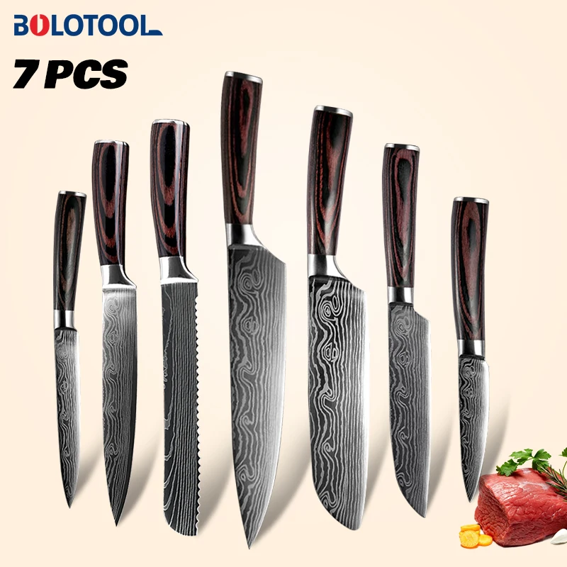 

Knife Kitchen Set Damascus Laser Pattern 7PCs 440C Stainless Steel Japanese Chef Santoku Meat Fruit Cleaver Slicing Bread Knives