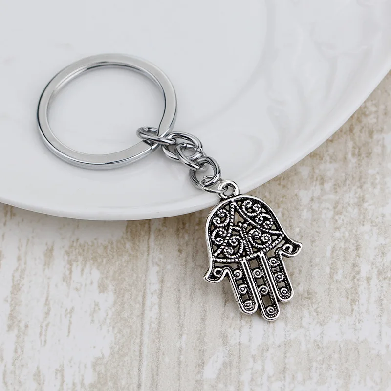 

Fashion Hamsa Palm Fatima Hand 28x19mm Pendant 30mm Key Ring Chain Silver Color Men Car Gift Souvenirs Keychain Dropshipping