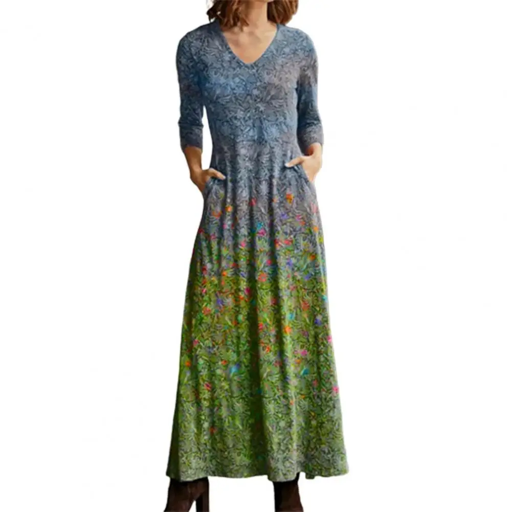 

Dresses Women's Dress Casual Dresses Woman Clothes Autumn Winter Dress 2021 Vintage Floral Print Gradient V Neck
